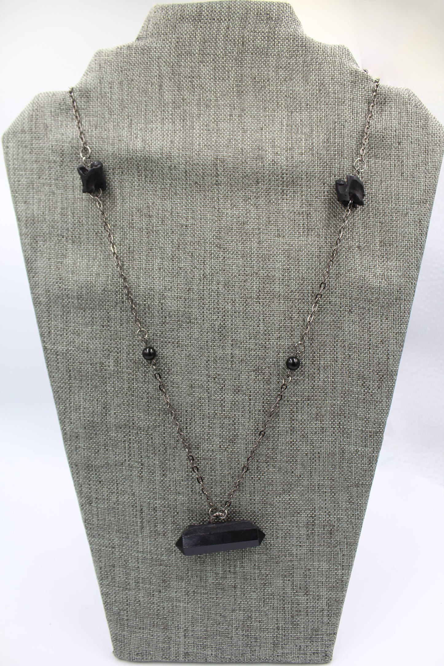 Hekas Creative: Obsidian Pendant, obsidian 6mm beads, stained black python vertebrae