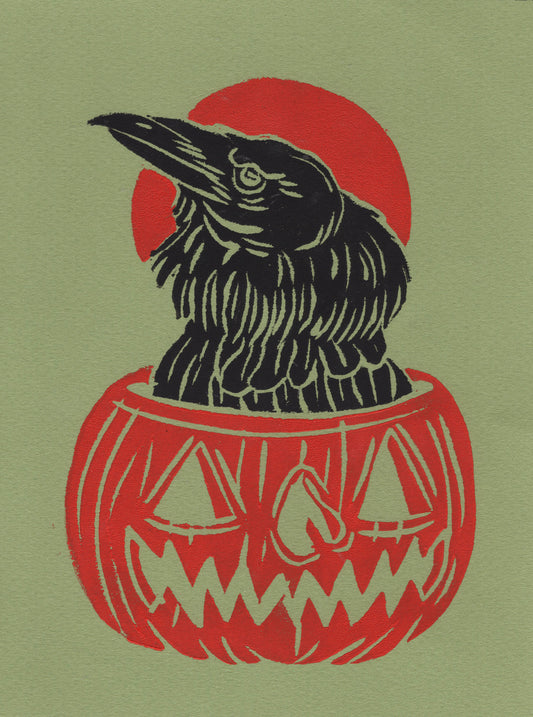 Chloe Lee: Pumpkin Raven Linocut Block Print