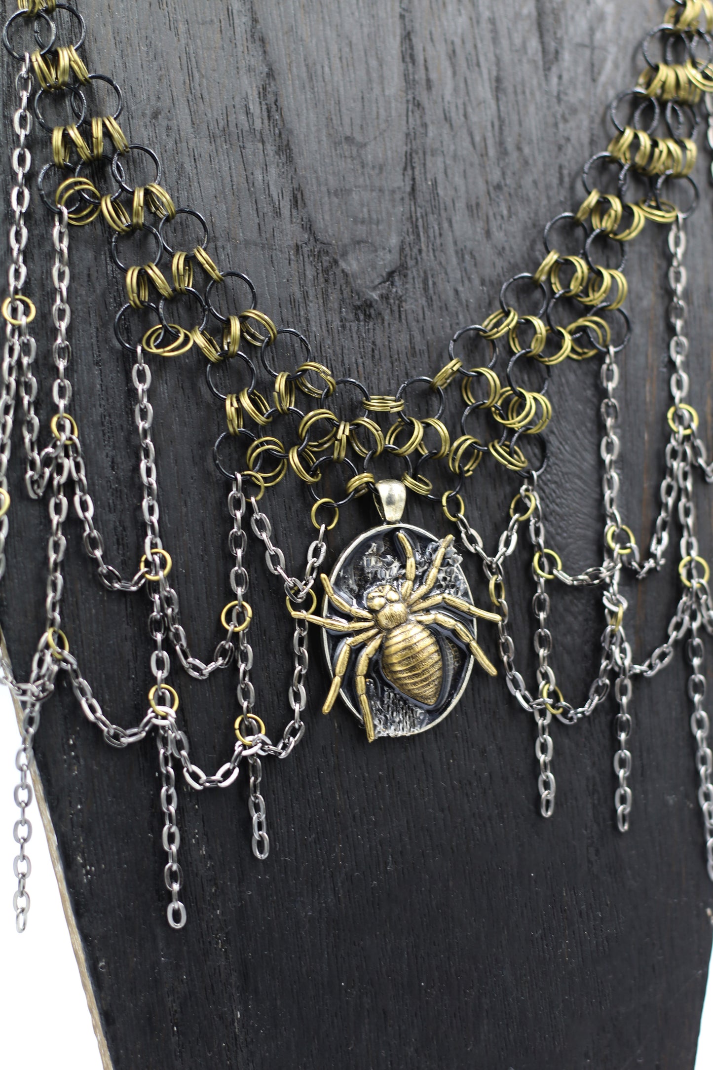 Hekas Creative: Spider Necklace with Chainmail and OOAK Snake Skin Shed and Brass Pendant
