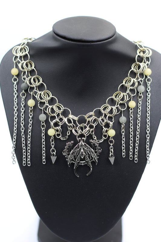 Hekas Creative: Moth Pendant Chainmail Necklace with Matte Treated 6mm Jade Beads