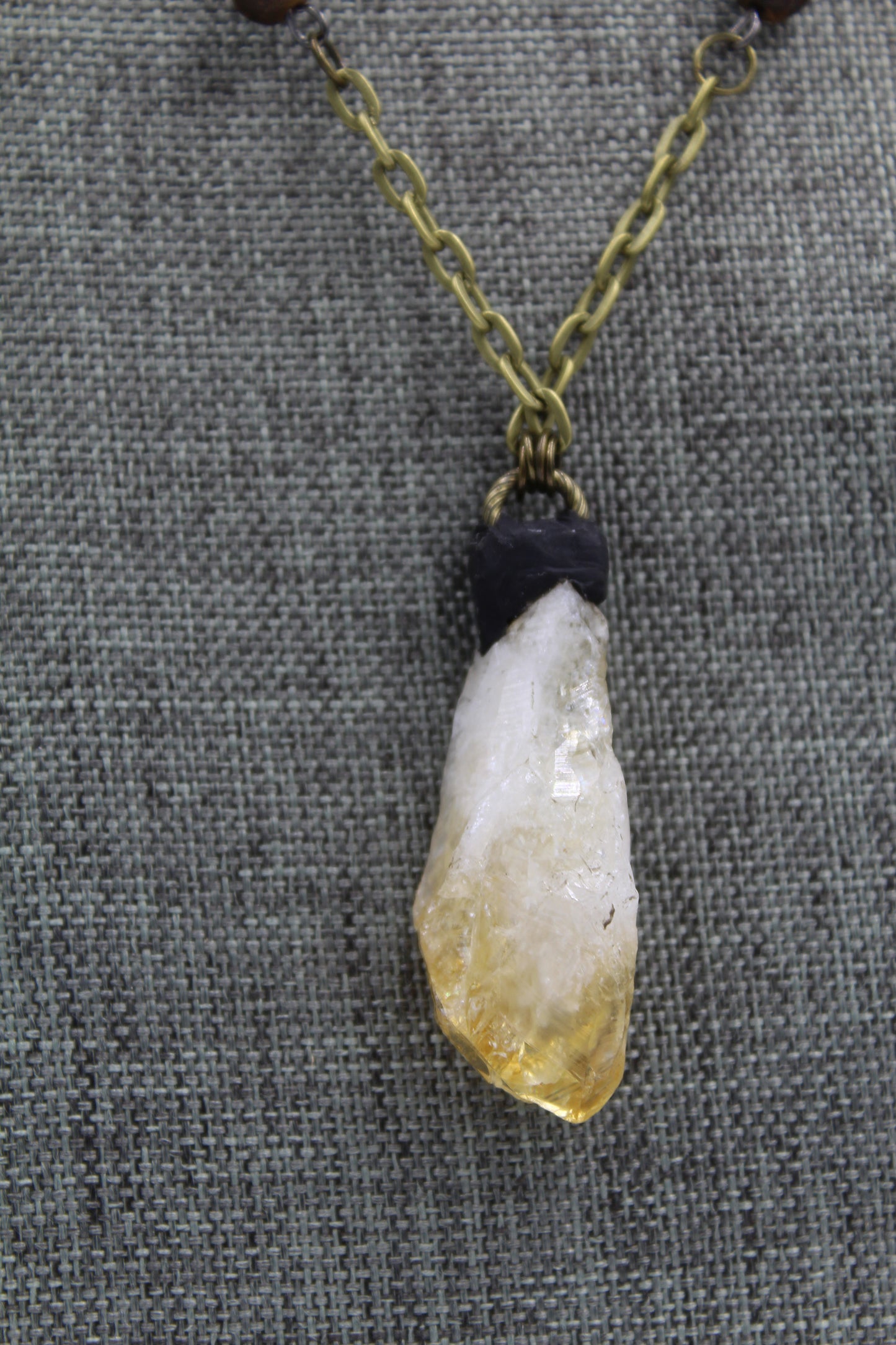 Hekas Creative: Citrine pendant, tigers eye 6mm beads, unbleached snake vertebrae