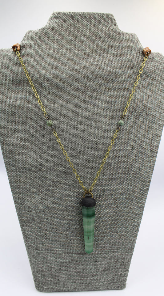 Hekas Creative: Green Fluorite point pendant with African turquoise 6mm beads and unbleached snake vertebrae