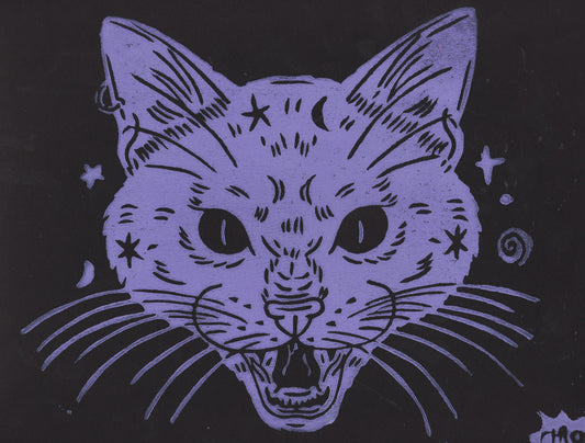 Chloe Lee: Purple Cat Linocut Block Print