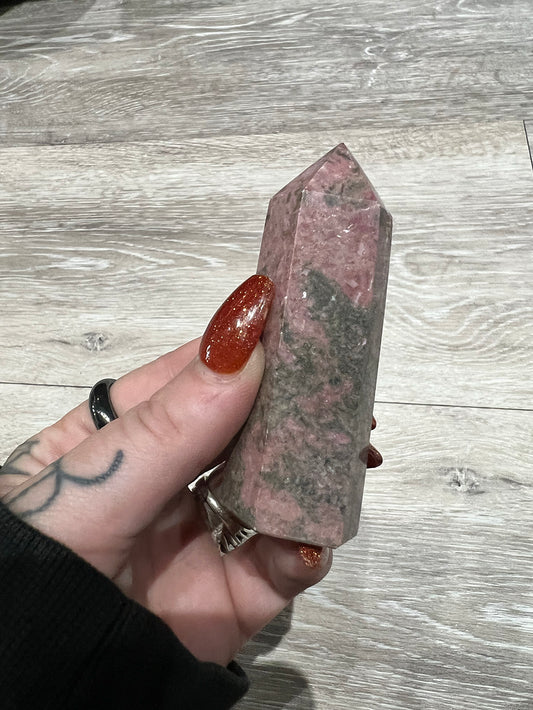 Crystal: Cherry Rhodonite Crystal Tower Point