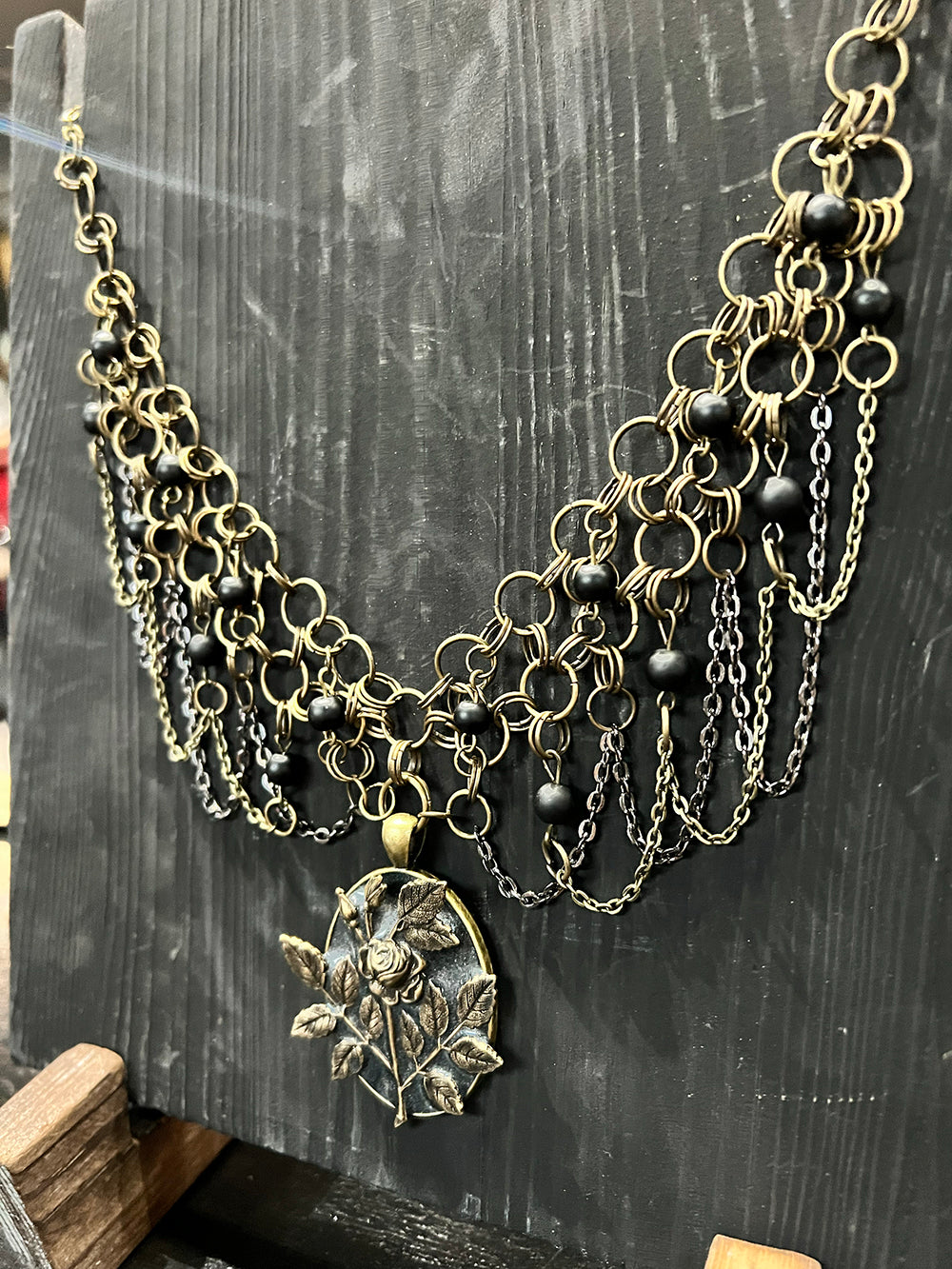 Alexandra Rumsey (Hekas Creative) Bronze and Gunmetal Rose Pendant Chainmail Necklace